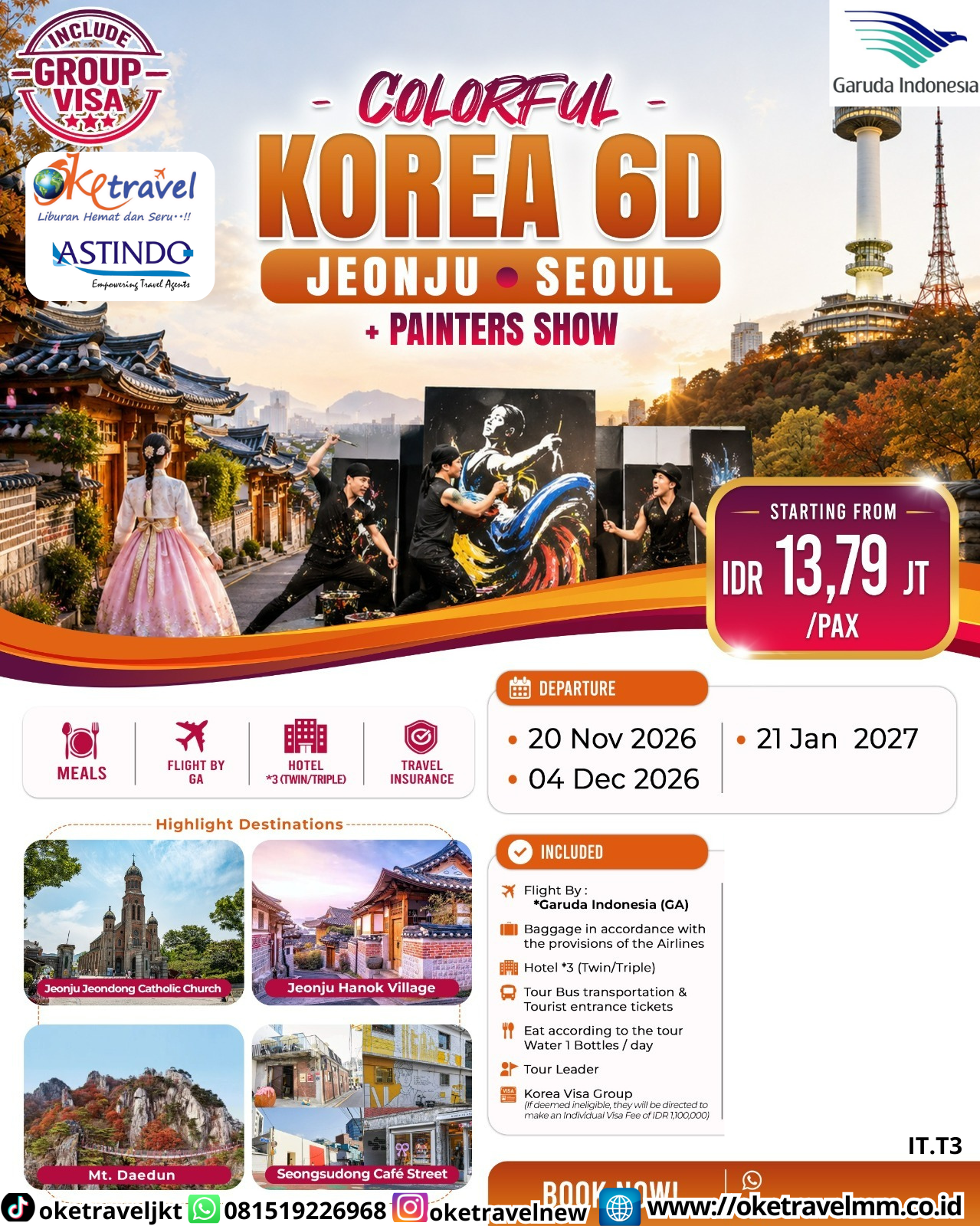 6D COLORFUL KOREA JEONJU SEOUL + PAINTERS SHOW | DEPT : 20 NOV | DEPT : 04 DES 2026 | DEPT : 21 JAN 2027 | BY GA