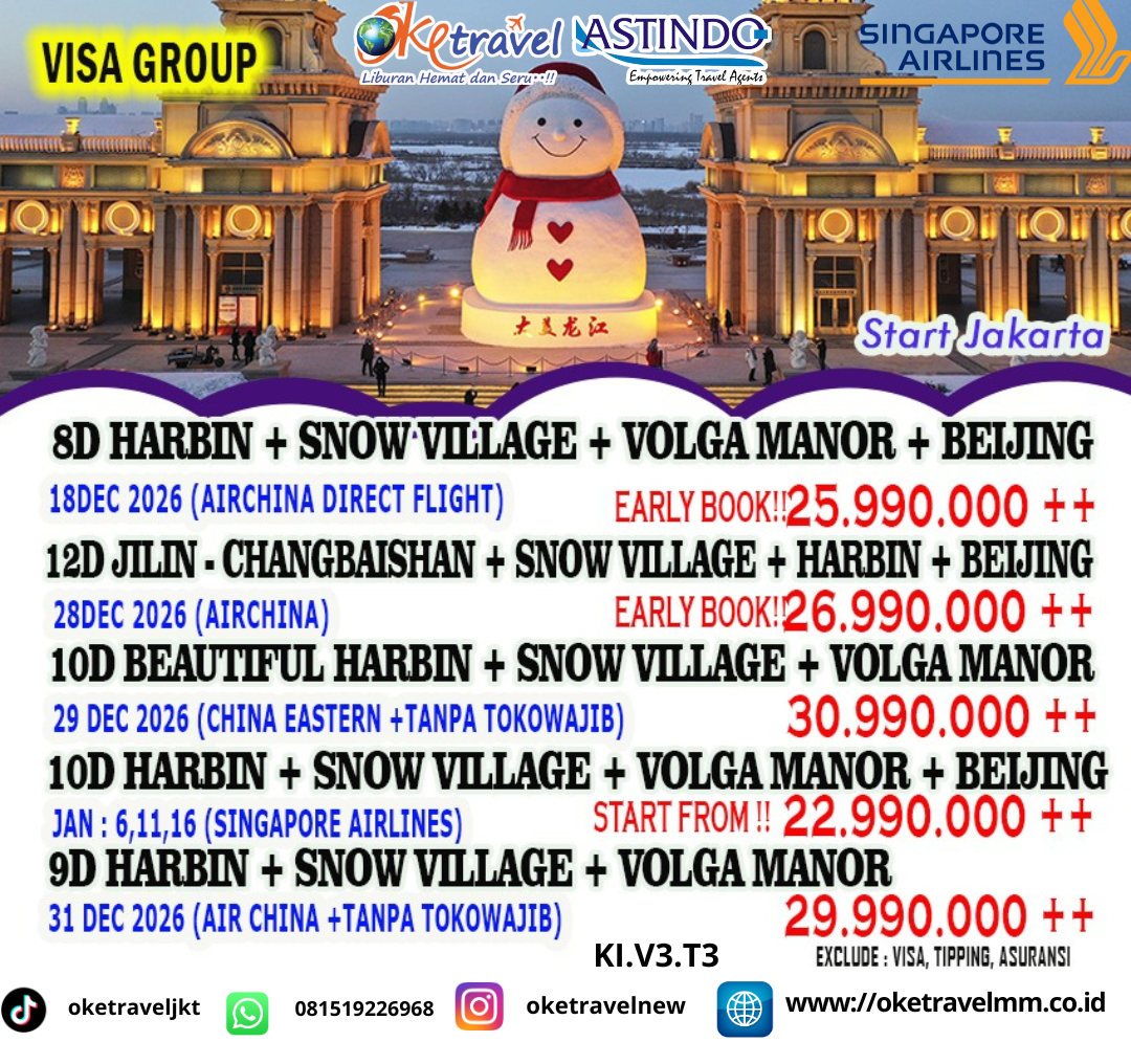 10D7N WONDERFUL HARBIN + VOLGA MANOR + SNOW TOWN + BEIJING | DEP : 06, 11, 16 JAN 2027 | BY SQ
