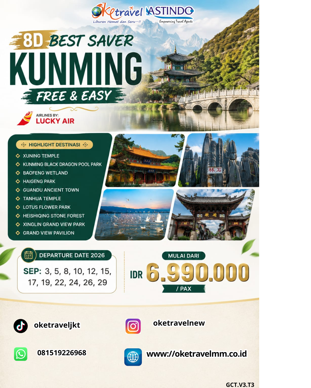 8D KUNMING FREE & EASY | DEP: 3,5,8,10,12,15,17,19,22,24,26,29 SEPTEMBER 2026 | BY 8L