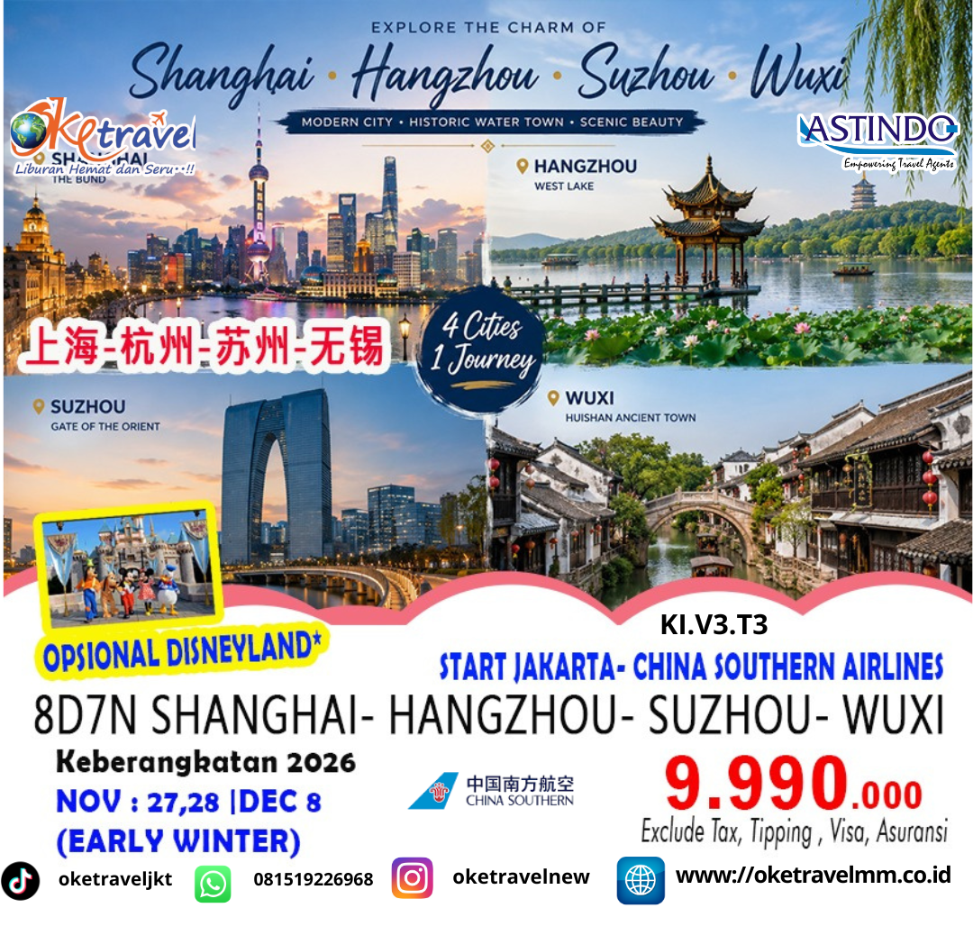 8D SHANGHAI - HANGZHOU – WUXI – SHUZHOU | DEP : 27,28 NOV | 08 DEC 2026 | BY CZ
