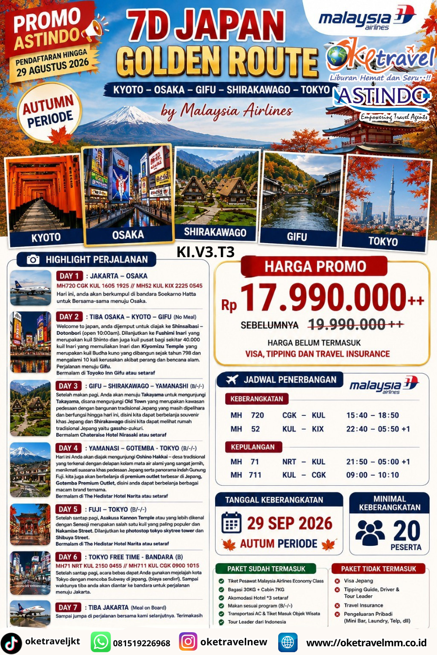 7D JAPAN SALE GOLDEN ROUTE + SHIRAKAWAGO | DEP: 29 SEP 2026| BY MH 
