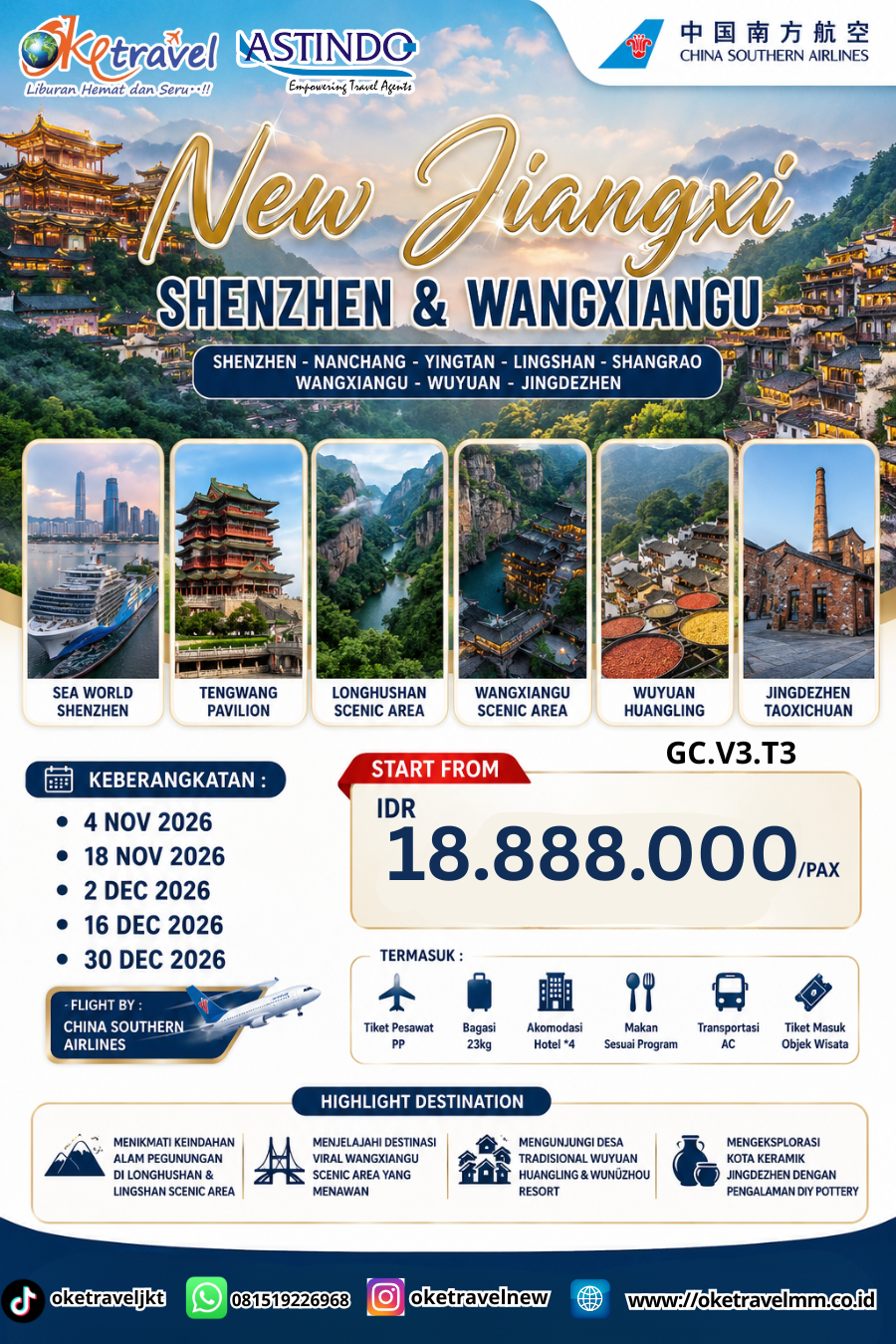 8D7N NANCHANG NYINGTAN SHANGRAO WANGXIANGU SHENZHEN | DEP : 4, 18 NOV | 2, 16, 30 DEC 2026 | BY CZ