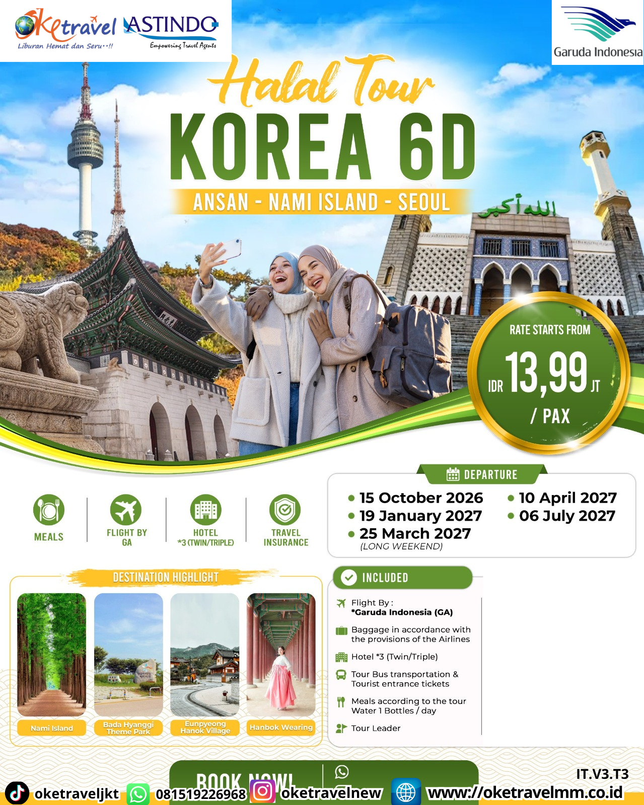 6D HALAL TOUR KOREA | DEPT : 15 OKT 2026 | DEPT : 19 JAN | DEPT : 25 MARCH | DEPT : 10 APRIL | DEPT : 06 JULI 2027 | BY GA