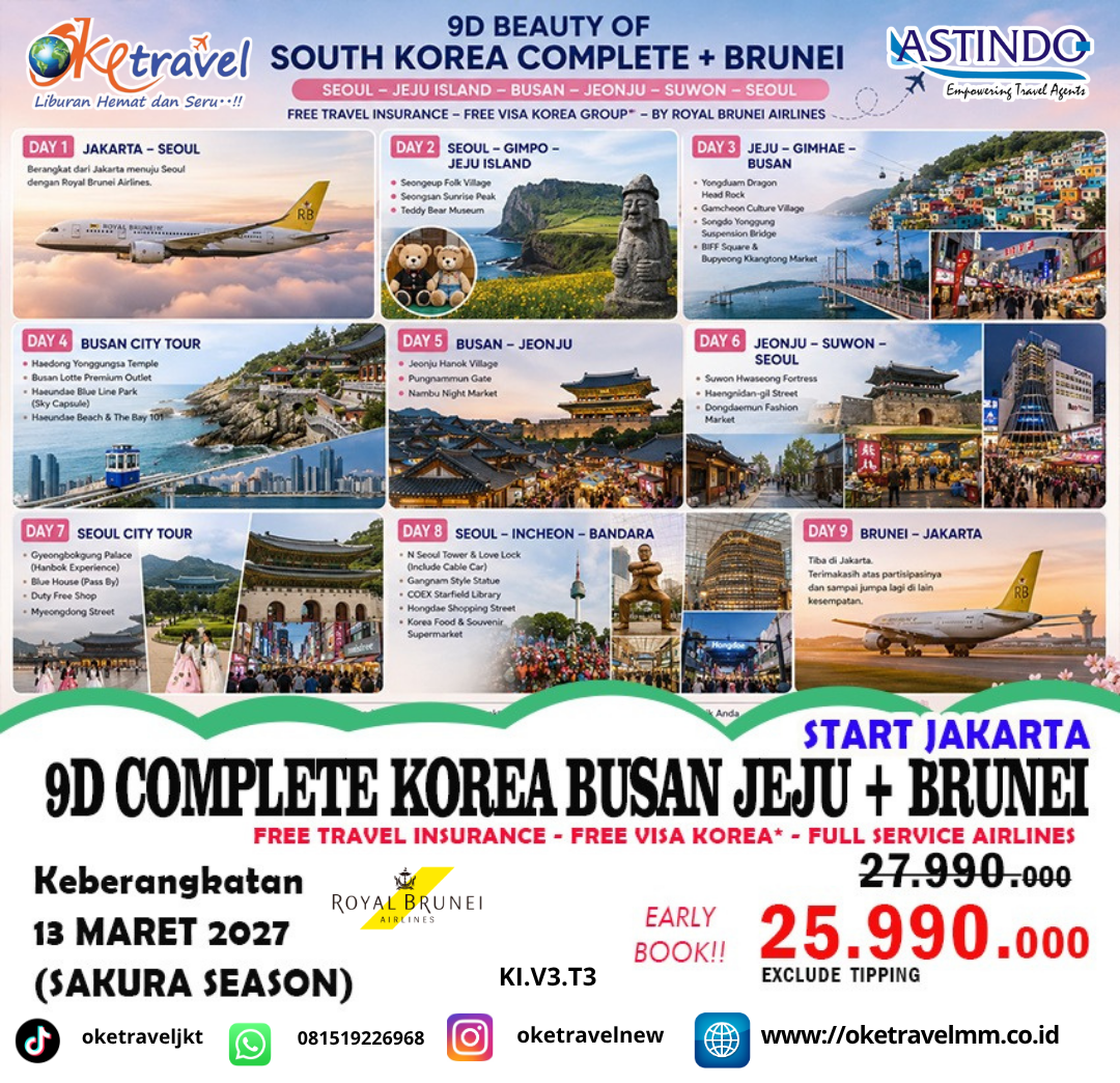 9D BEAUTY OF SOUTH KOREA COMPLETE + BRUNEI | DEP : 13 MAR 2027 | BY BI