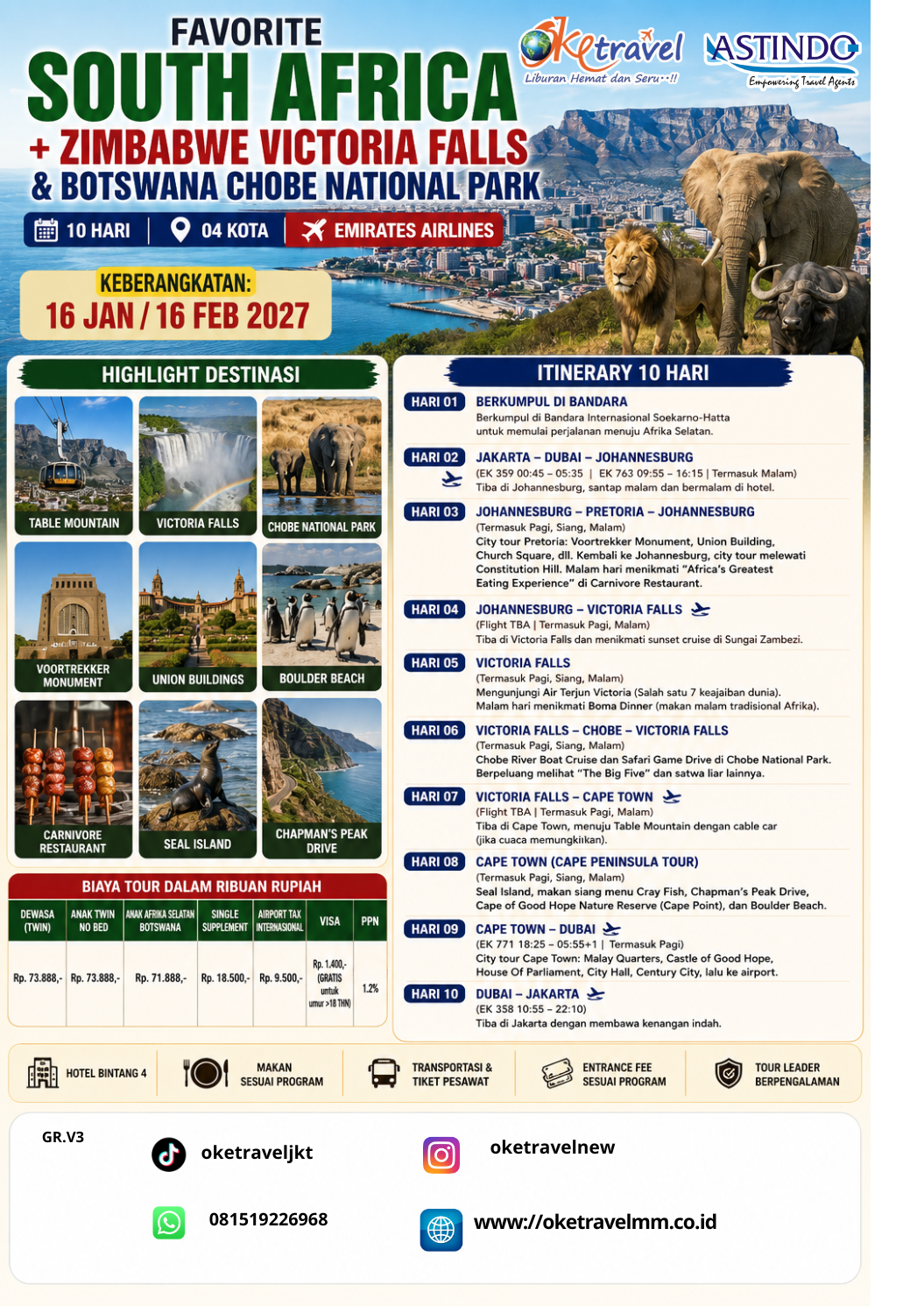 10D SOUTH AFRICA + ZIMBABWE VICTORIA FALLS & BOTSWANA CHOBE NATIONAL PARK | DEP: 16 JANUARI | DEP: 16 FEBRUARI 2027 | BY EK