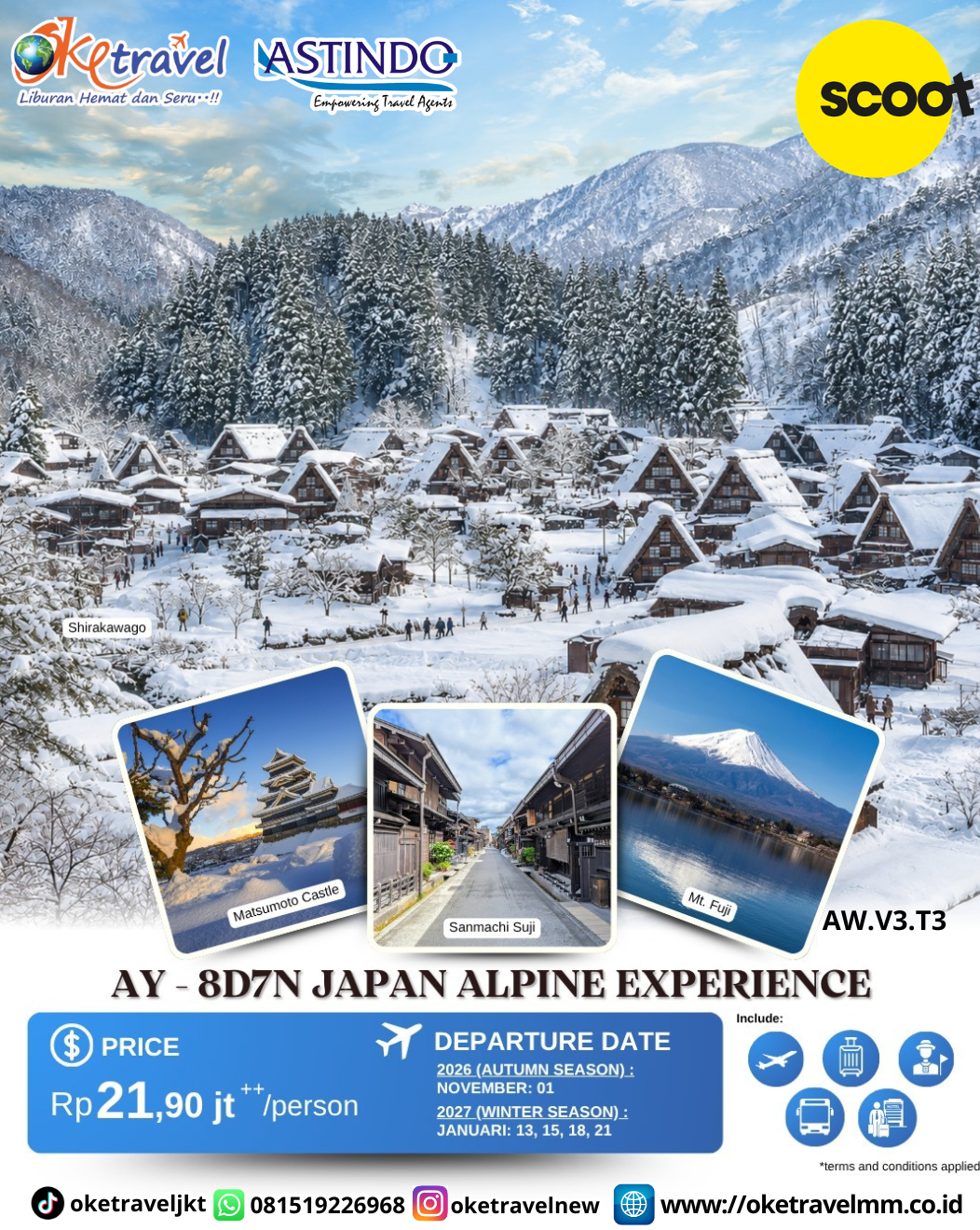 8D7N JAPAN ALPINE EXPERIENCE | DEP : 01 NOV 1016 | 13,15,18,21 JAN 2027 | BY TR