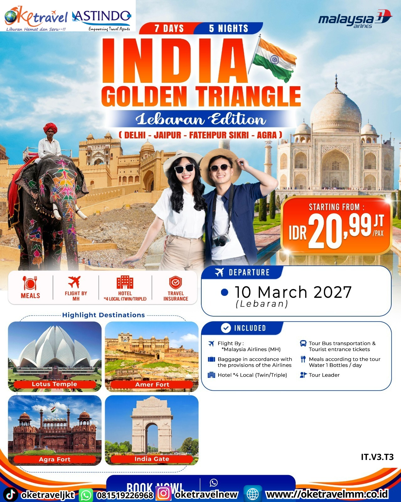 7D5N INDIA GOLDEN TRIANGLE LEBARAN EDITION | DEPT : 10 MARET 2027 | BY MH