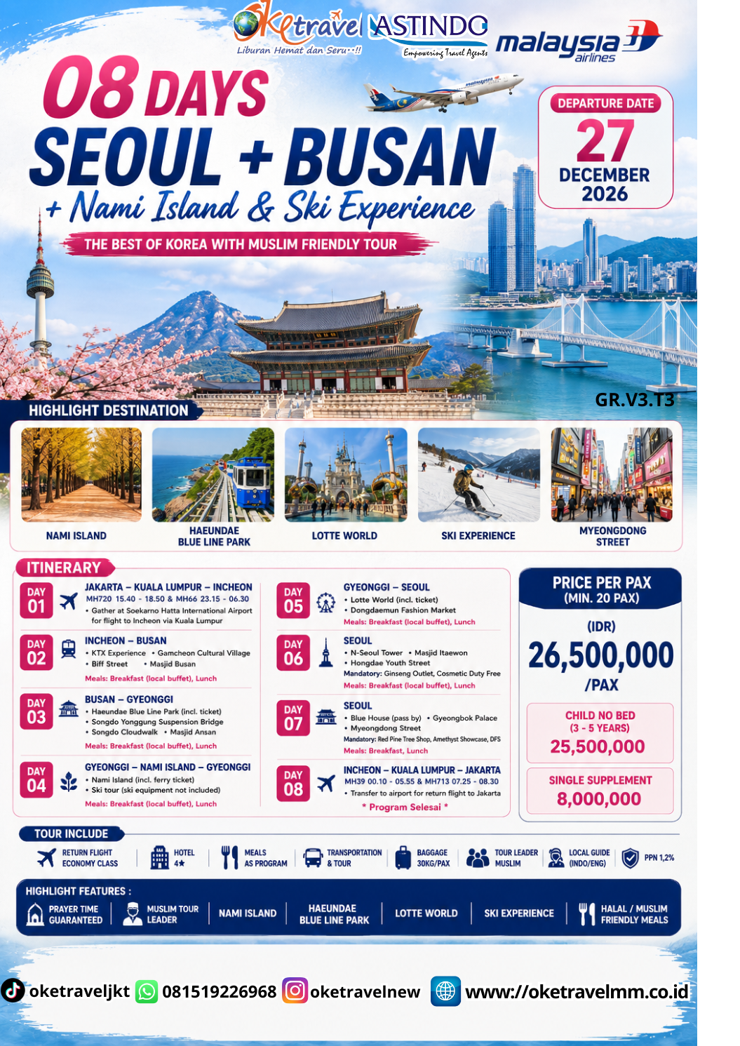 8D SEOUL + BUSAN + NAMI ISLAND & SKI EXPERIENCE | DEP: 27 DESEMBEER 2026 - 03 JANUARI 2027 | BY MH