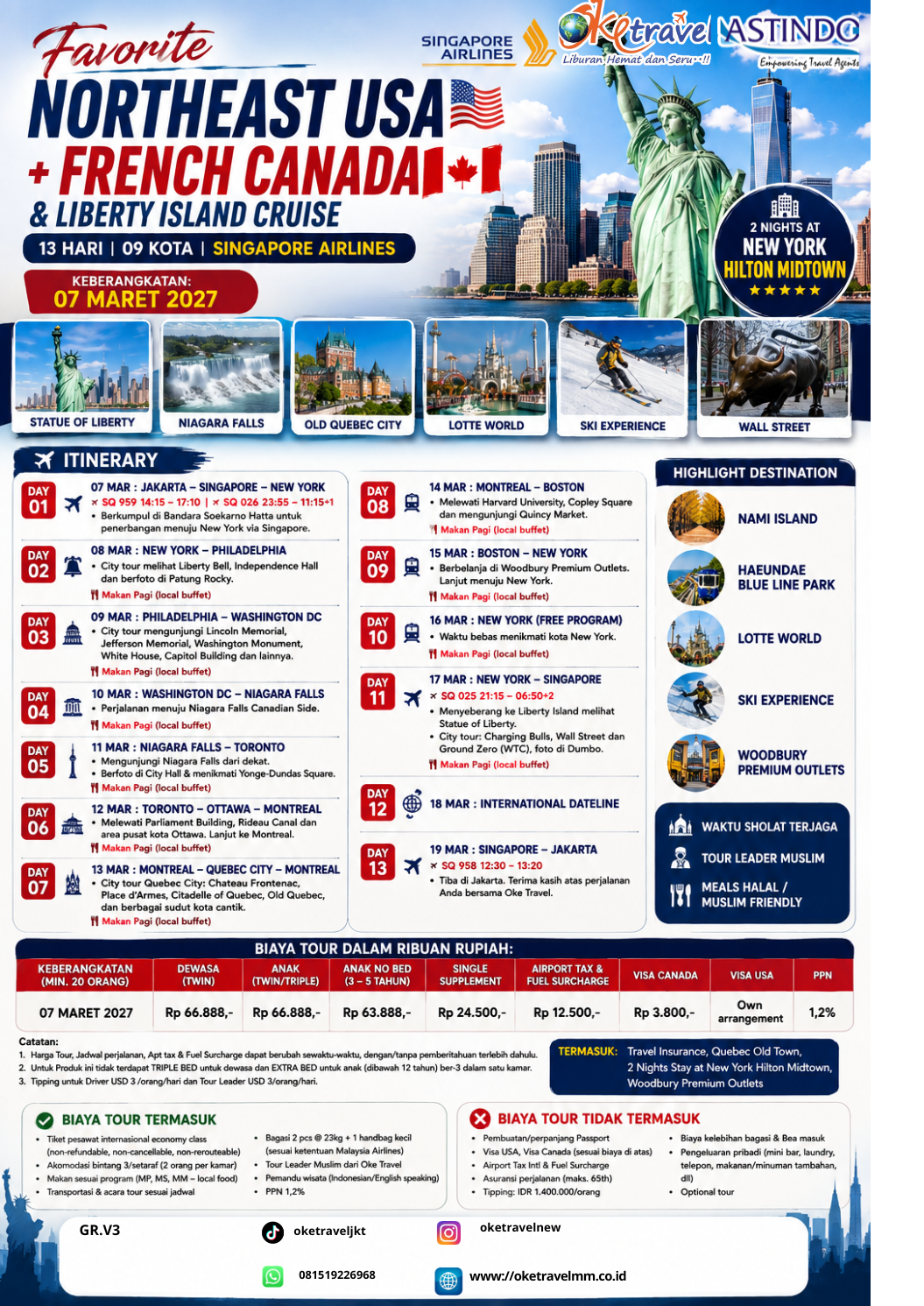 13D NORTHEAST USA + FRENCH CANADA & LIBERTY ISLAND CRUISE | DEP: 07 MARET 2027 | BY SQ