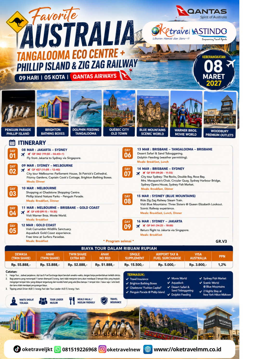 9D AUSTRALIA TANGALOOMA ECO CENTRE + PHILIP ISLAND & ZIG ZAG RAILWAY | DEP: 08 MARET 2027 | BY QF