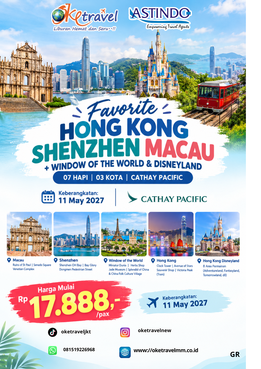 7D HONGKONG SHENZEN MACAU + WINDOW OF THE WORLD & DISNEYLAND | DEP: 11 MAY 2027 | BY CX