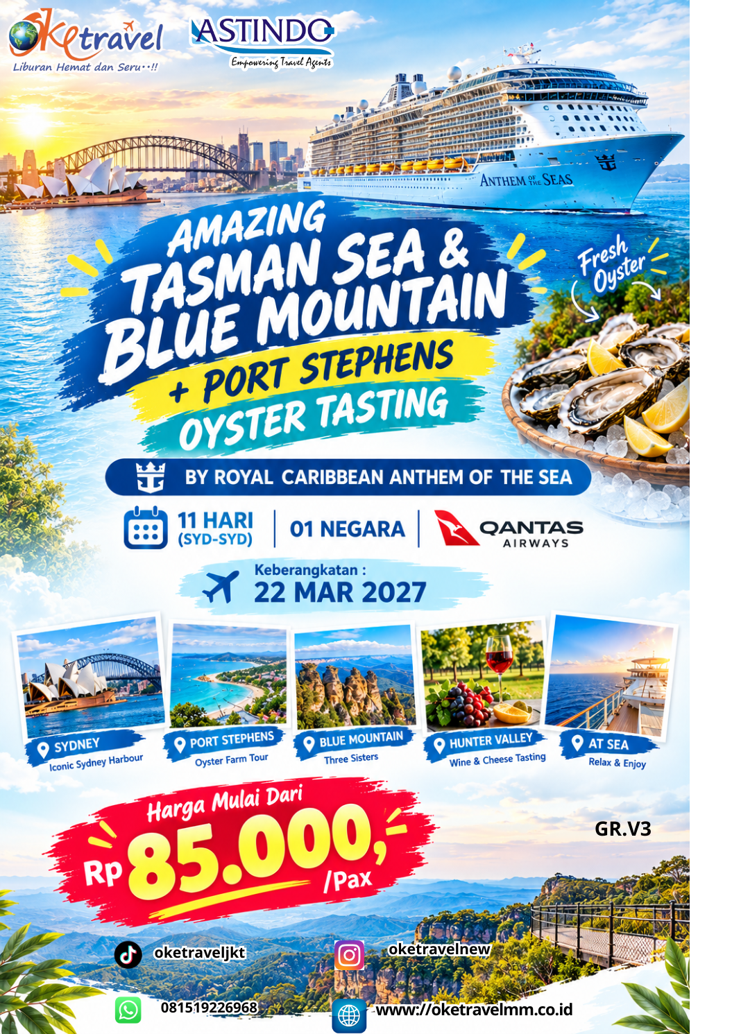 11D AMAZING TASMAN SEA & BLUE MOUNTAIN + PORT STEPHENS OYSTER TASTING BY ROYAL CARIBBEAN ANTHEM OF THE SEA | DEP: 22 MARET 2027 | BY QF