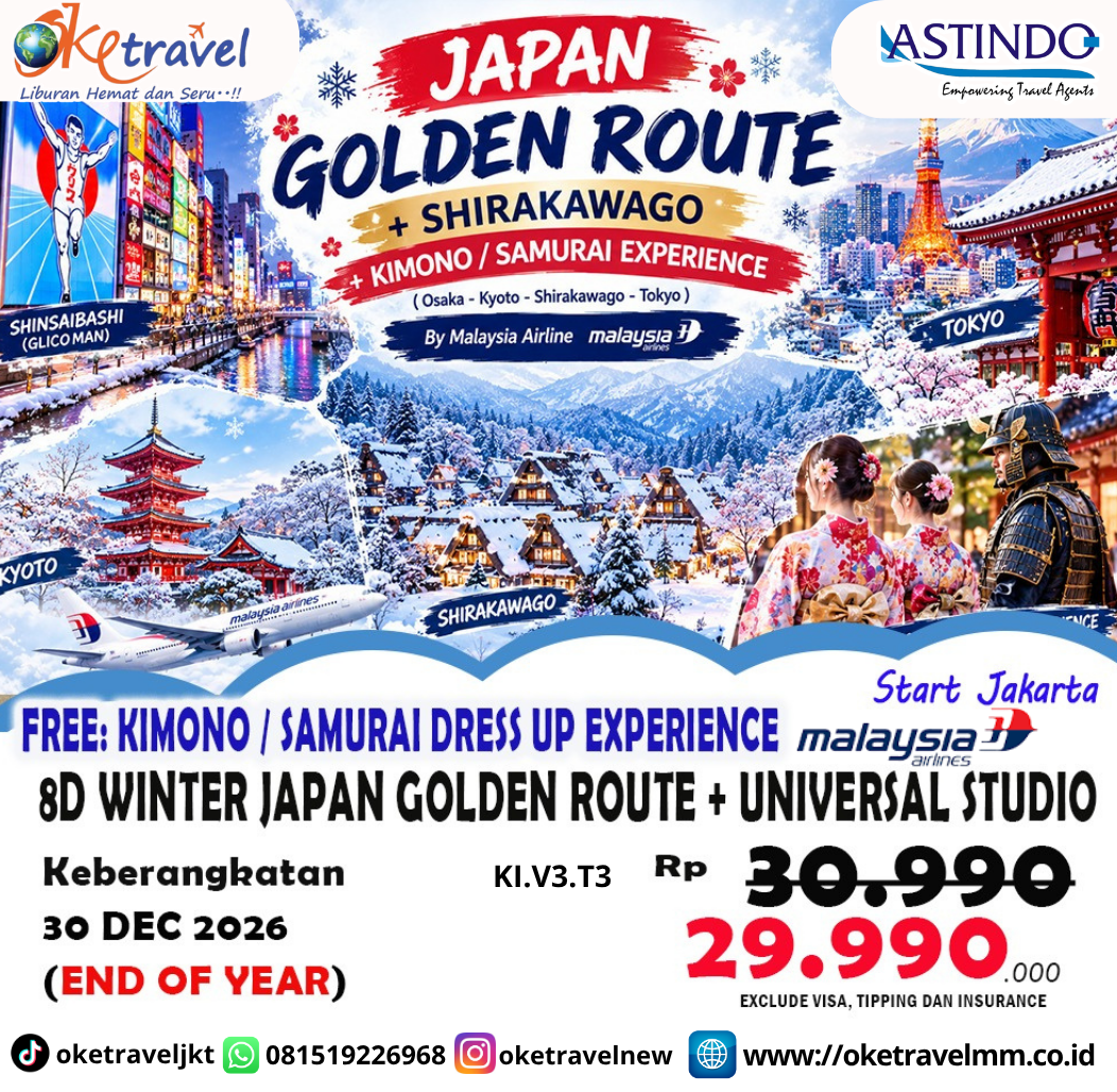 8D JAPAN GOLDEN ROUTE + SHIRAKAWAGO + UNIVERSAL STUDIO | DEP : 30 DEC 2026 | BY MH