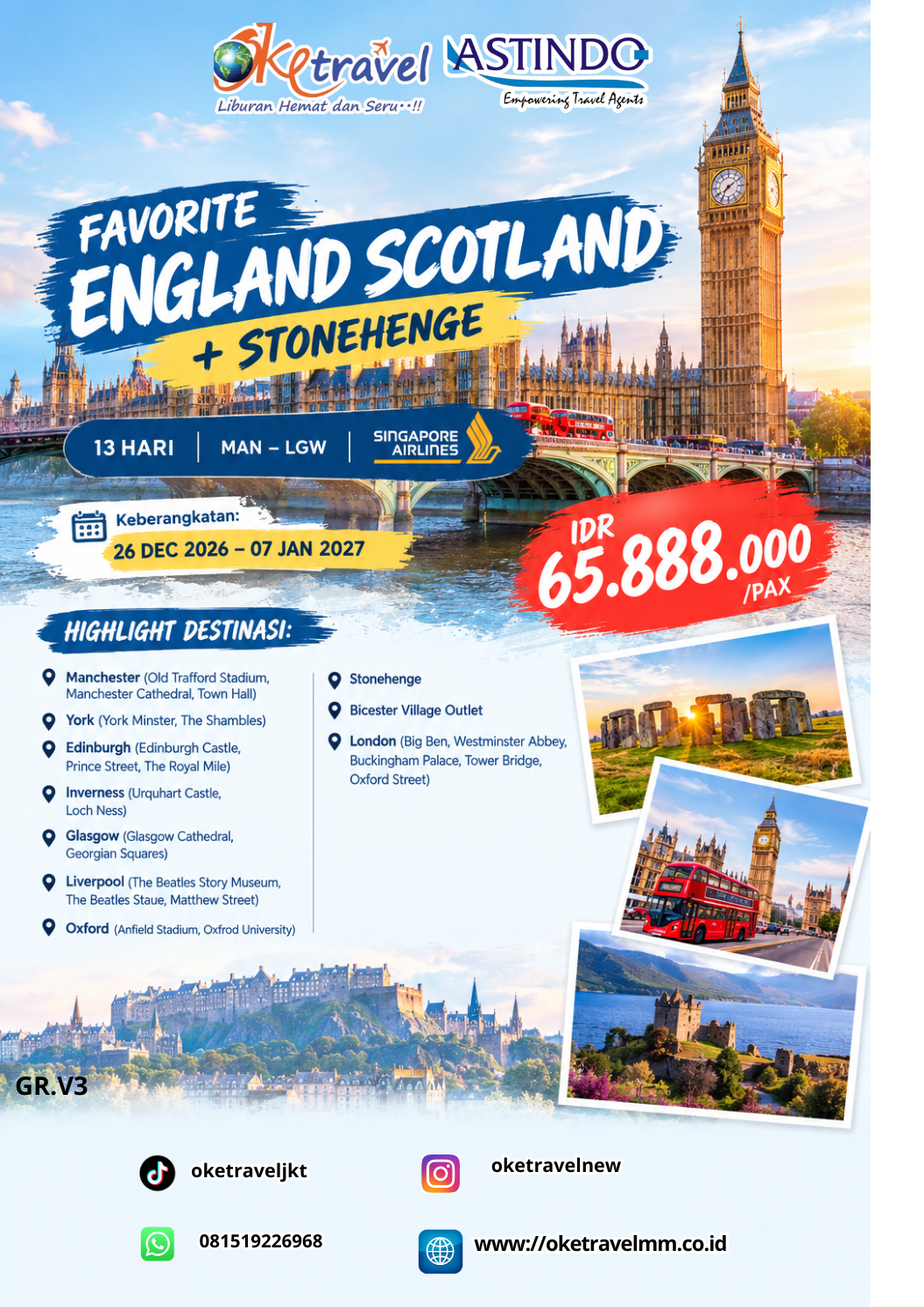 13D ENGLAND SCOTLAND + STONEHENGE | DEP: 26 DESEMBER 2026 - 07 JANUARI 2027 | BY SQ