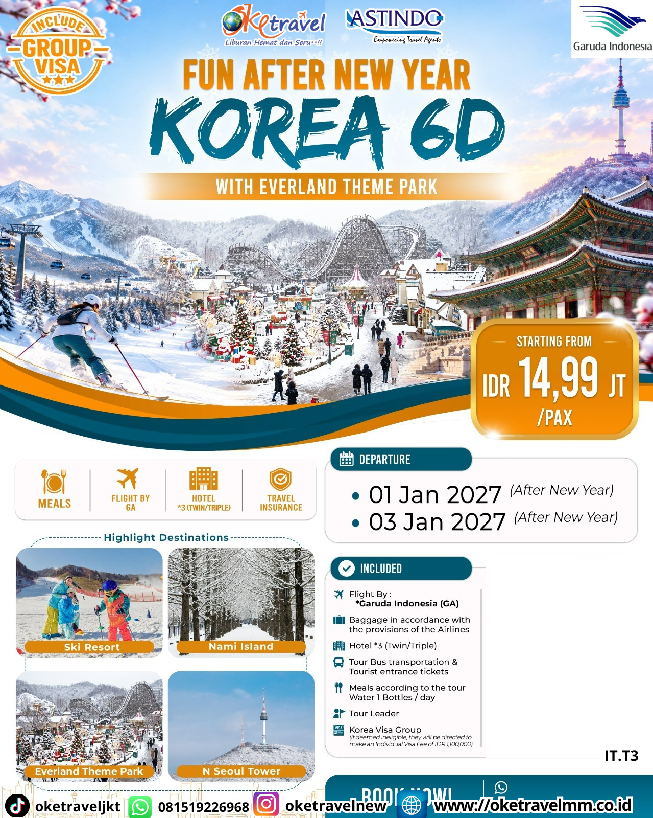 6D FUN AFTER NEW YEAR KOREA WITH EVERLAND THEME PARK | DEPT : 01, 03 JAN 2027 | BY GA
