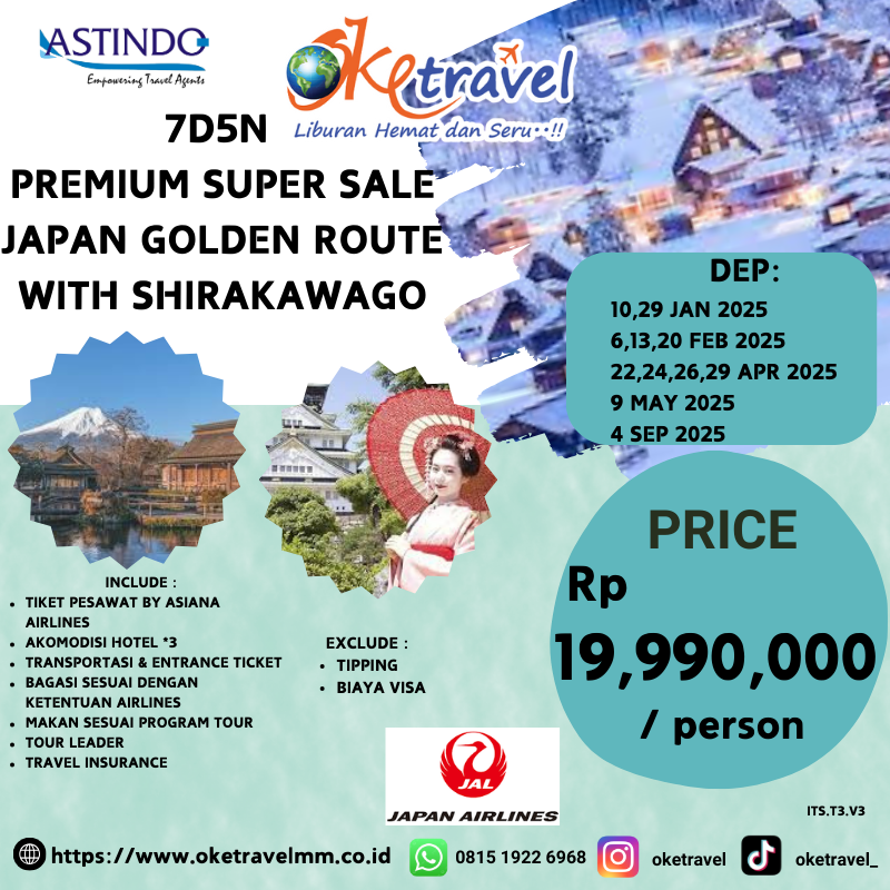 7D5N PREMIUM SUPER SALE JAPAN GOLDEN  ROUTE WITH SHIRAKAWAGO