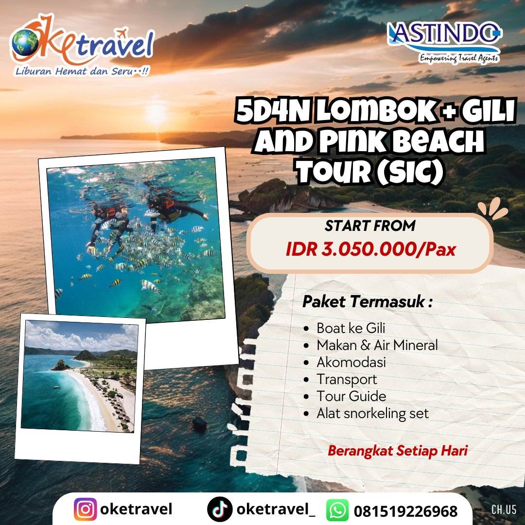 5D4N Lombok + Gili and Pink Beach Tour (SIC)